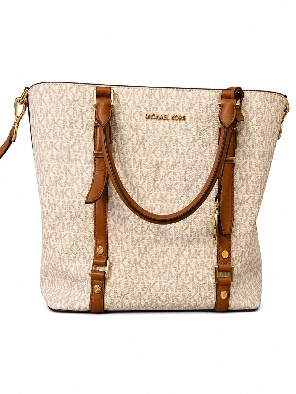 Michael Kors Ivory Logo Shoulder Bag with Brown Trim and Gold Hardware